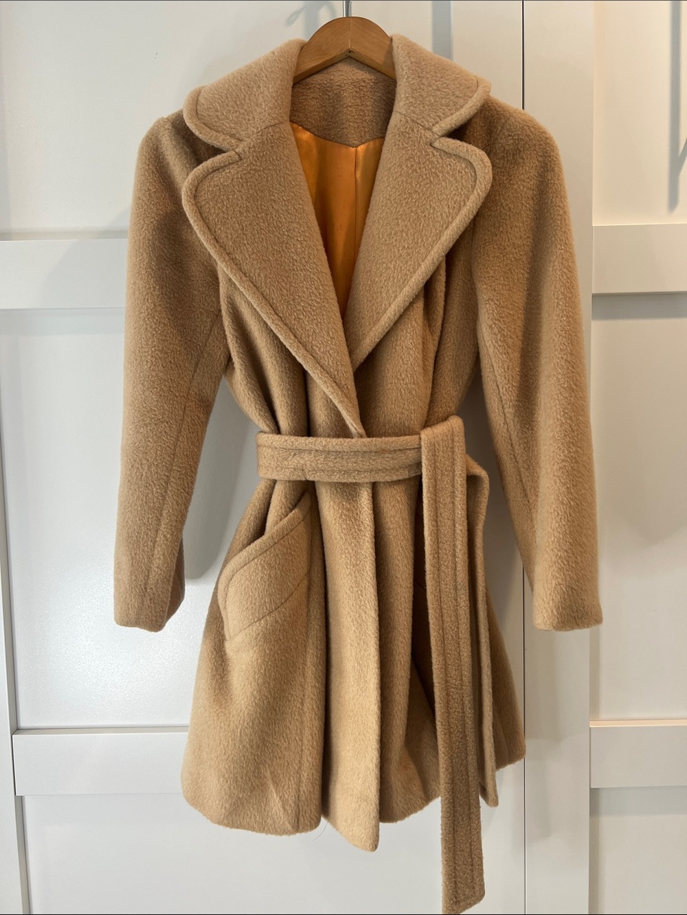 Vintage Womens Camel Belted Wool-Blend Wrap Coat